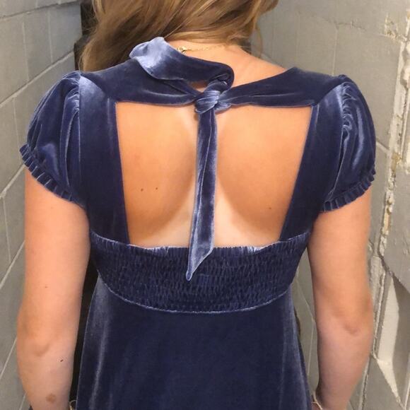 Free People Velour Velvet Smocked Ruffle Babydoll Tie Back Dress Blue Small - Picture 2 of 6